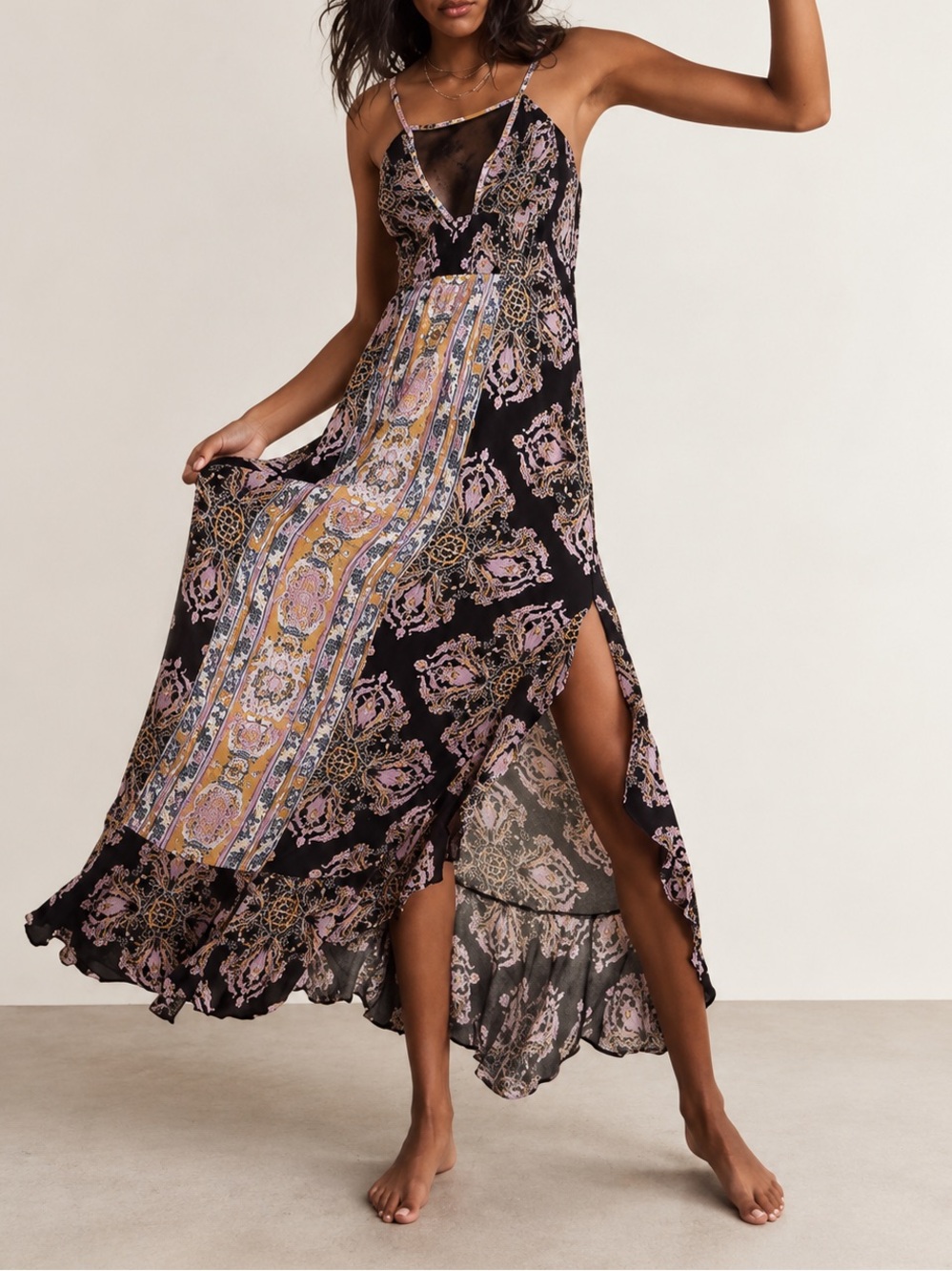 Free People Intimately That Moment Boho Vintage Inspired Black Floral Maxi Dress - Picture 9 of 9